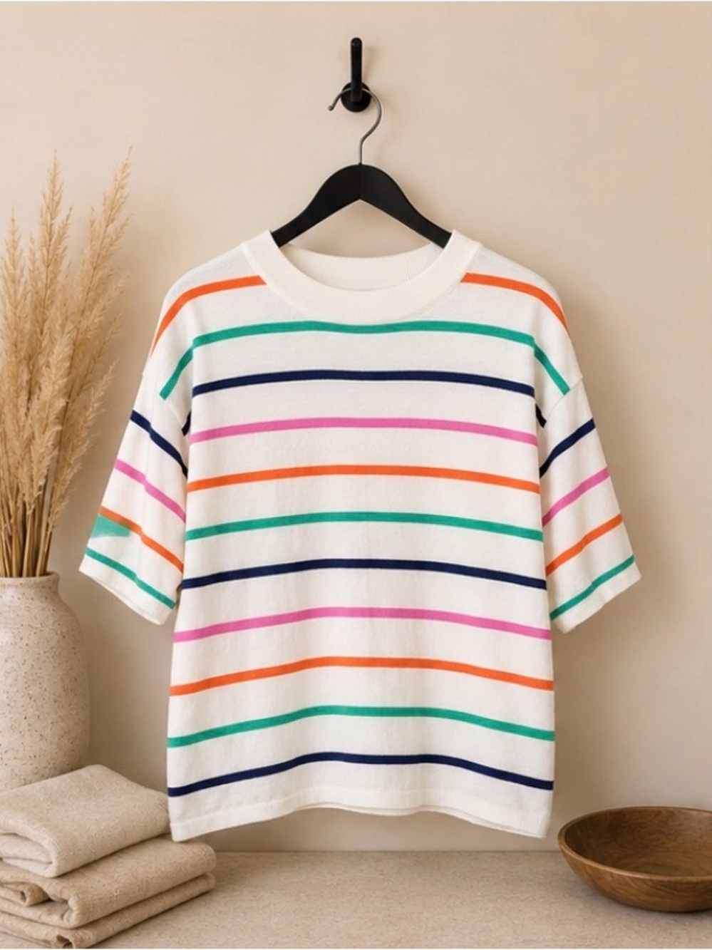 Liam & Co Top - White with Pink, Orange, Green & Navy Stripes